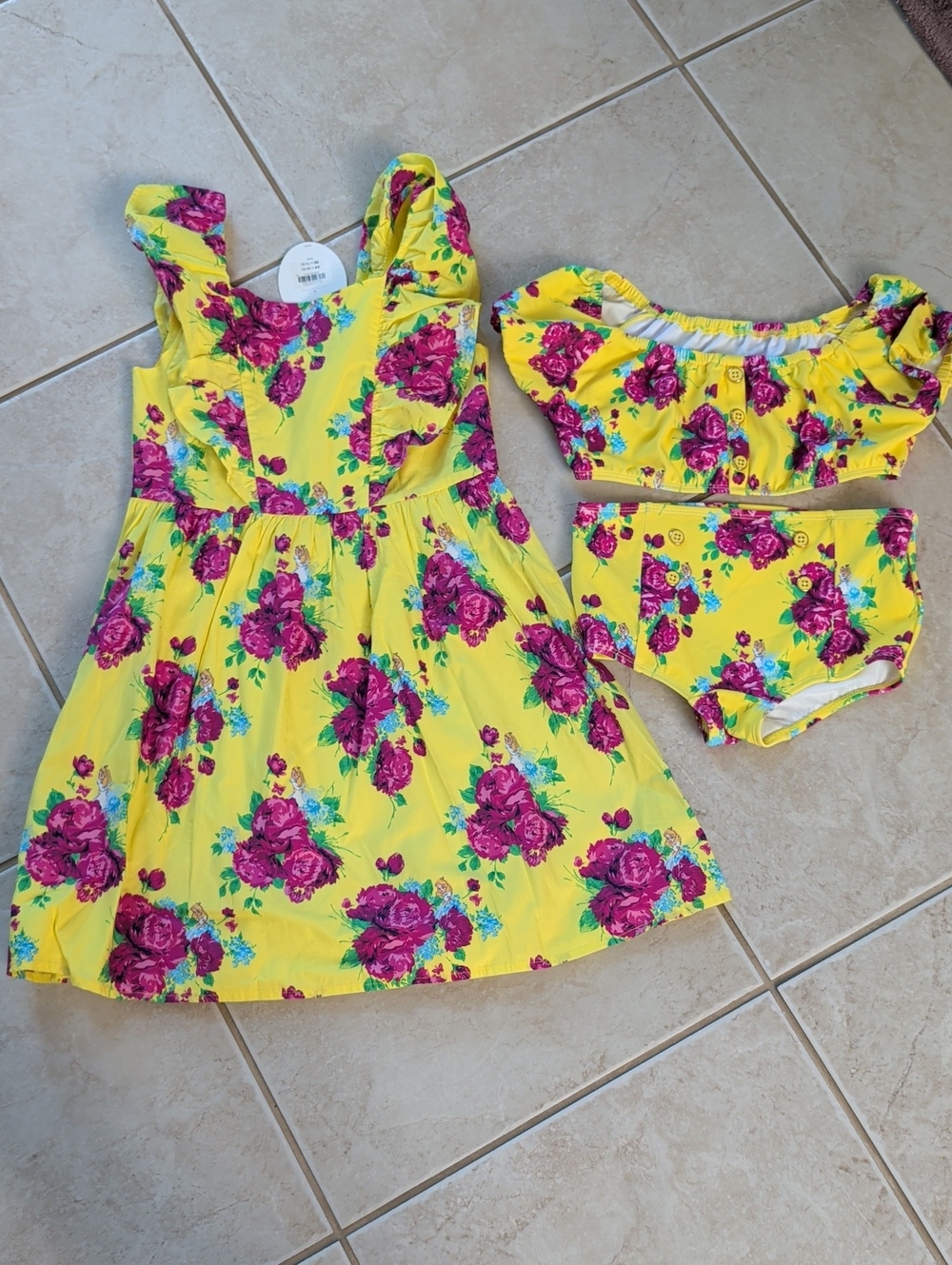 Janie & Jack Disney Sz 10 Yellow DressBright Pink Rose Print & Matching Swim Set